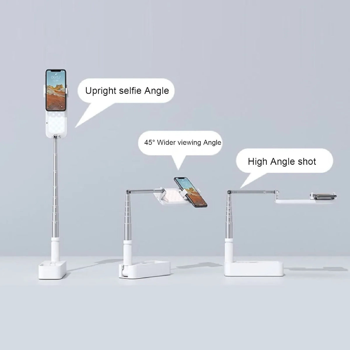 White phone stand shown in upright, angled, and overhead positions