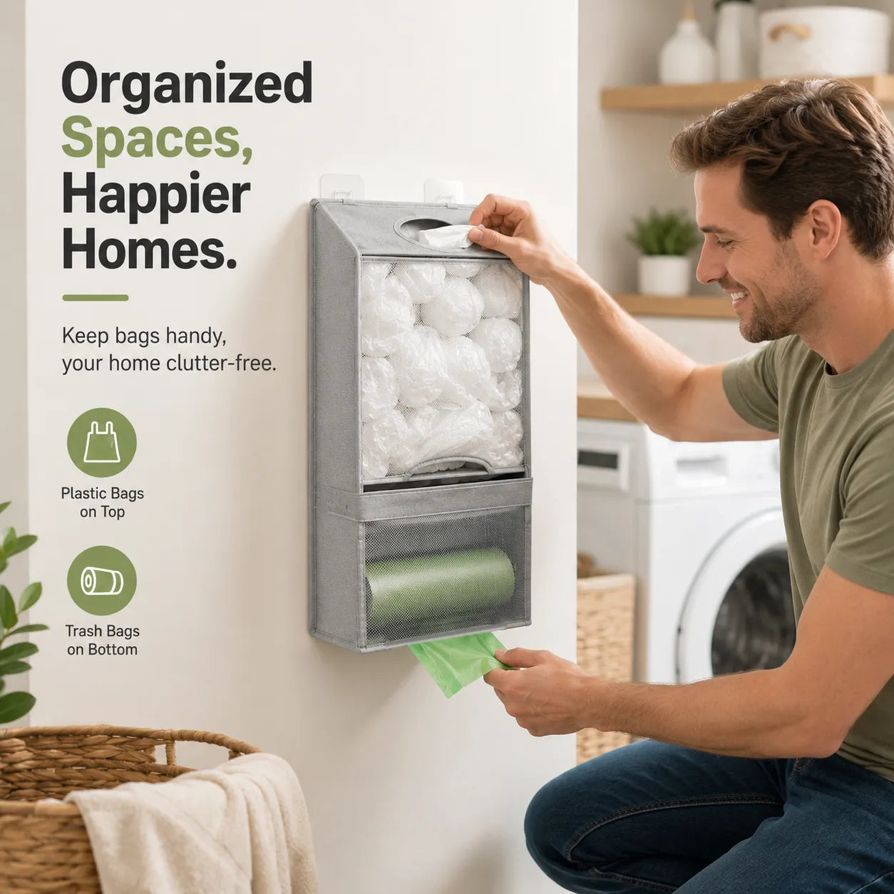 🛍️2-in-1 Hanging Storage Organizer — Large Capacity Plastic Bag & Trash Bag Dispenser