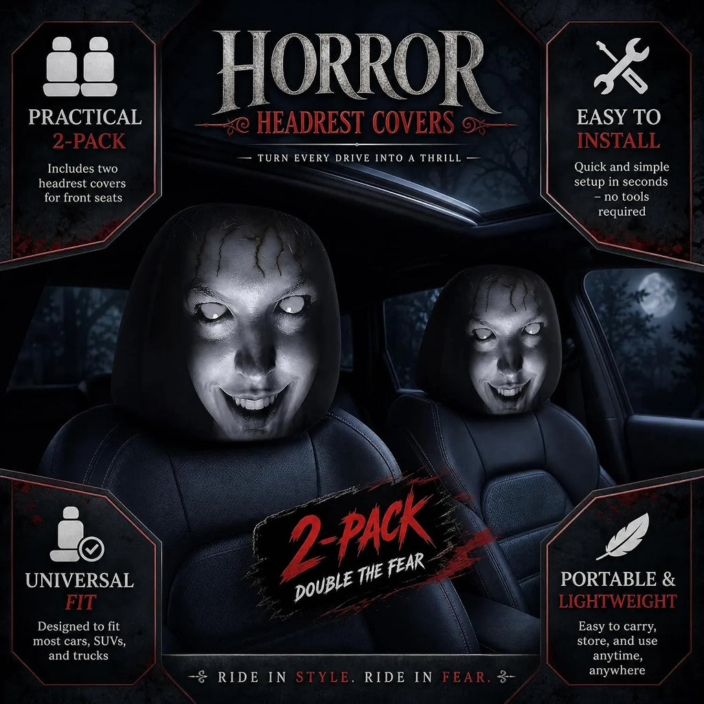 Scary Face Car Headrest Covers — 3 Slip-On Horror Designs