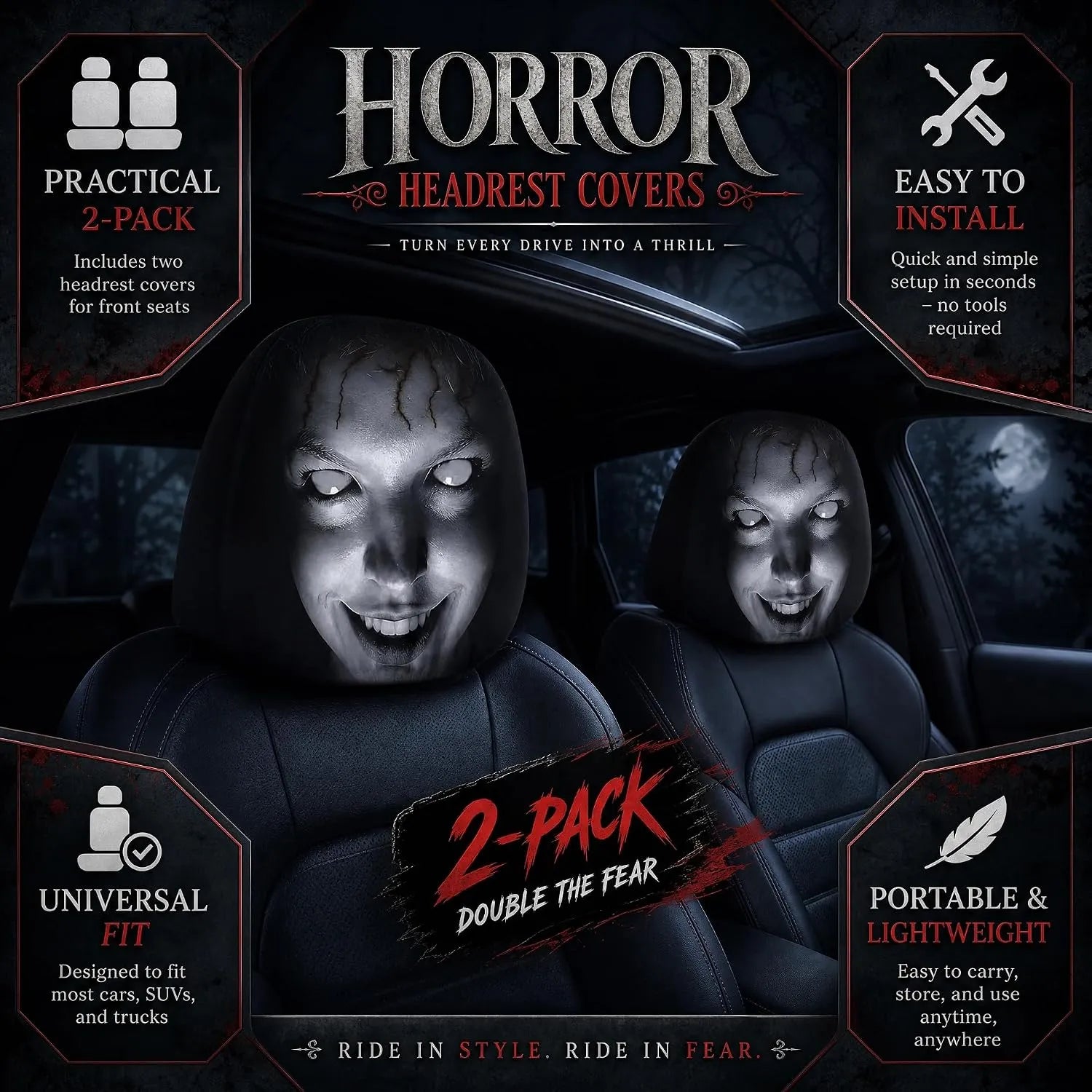 Scary Face Car Headrest Covers — 3 Slip-On Horror Designs