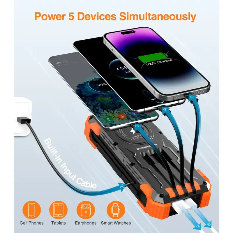 20000mAh Solar Power Bank with Wireless Charging, Dual Flashlights, Laser Pointer & 7-Device Output – Waterproof & Shockproof for Outdoor Use