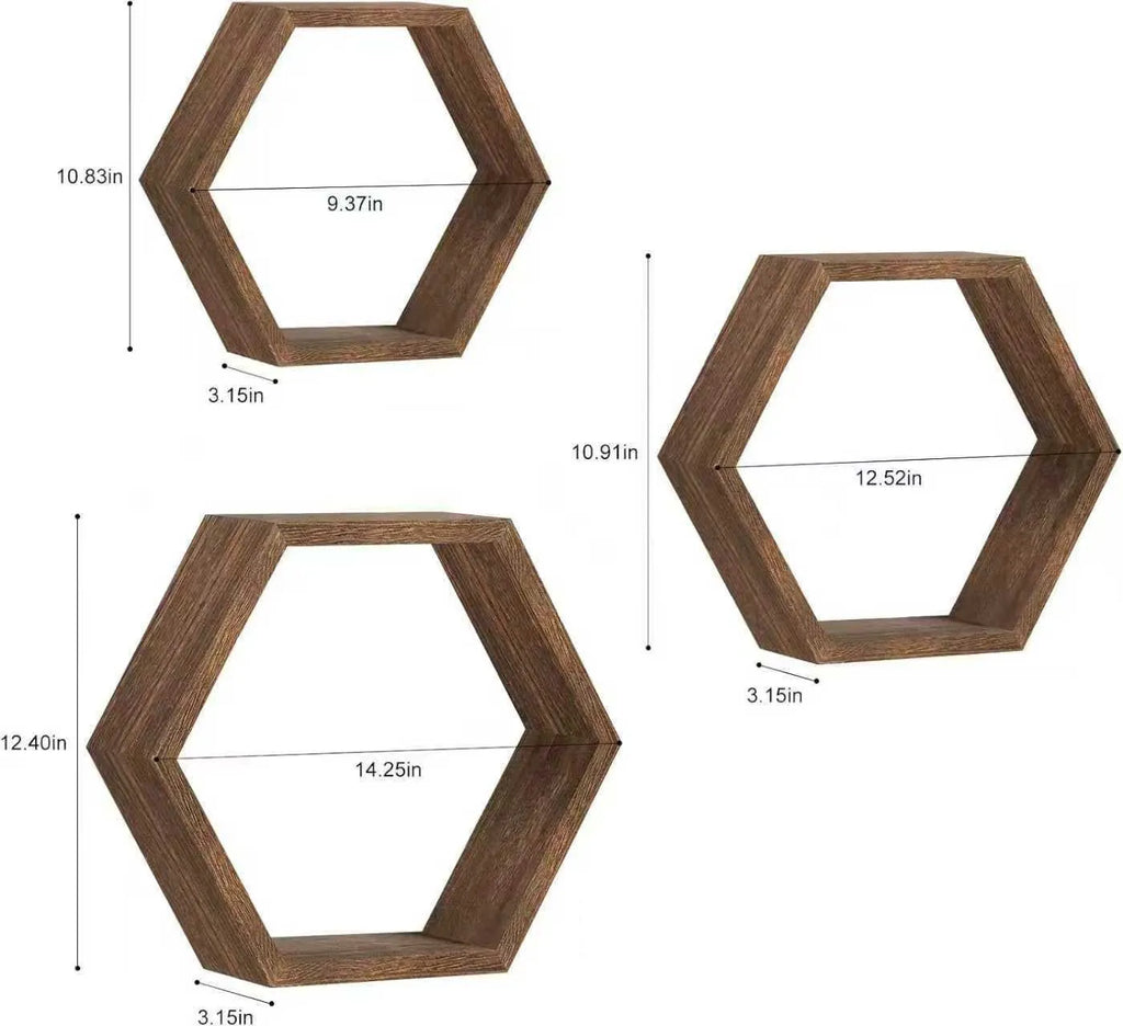 Set of 3 Hexagonal Floating Shelves – Rustic Honeycomb Wall-Mounted Storage Shelves-Perfect for Your Bedroom, Living Room, Hallway, or Office Decor