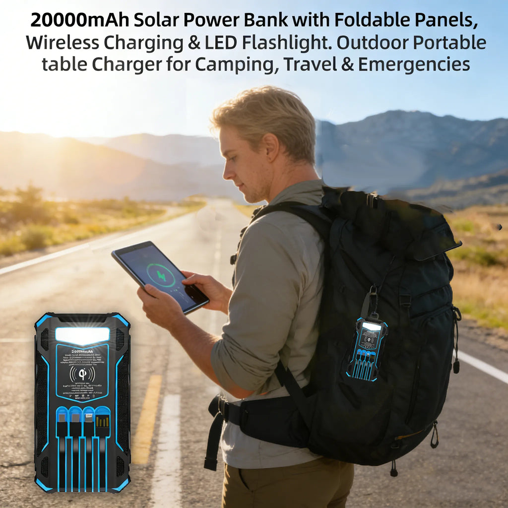 20000mAh Solar Power Bank with Foldable Panels, Wireless Charging & LED Flashlight