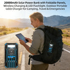 20000mAh Solar Power Bank with Foldable Panels, Wireless Charging & LED Flashlight