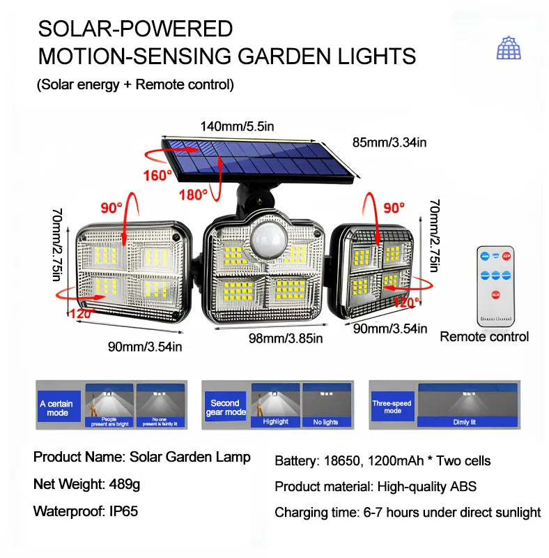 ☀️Motion Sensor Solar Security Light – 3000 Lumens, 210 LEDs, Remote-Controlled, IP65 Waterproof