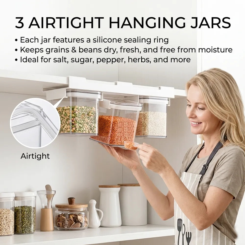 🧂 Under Cabinet Spice Rack with 3 Airtight Hanging Jars