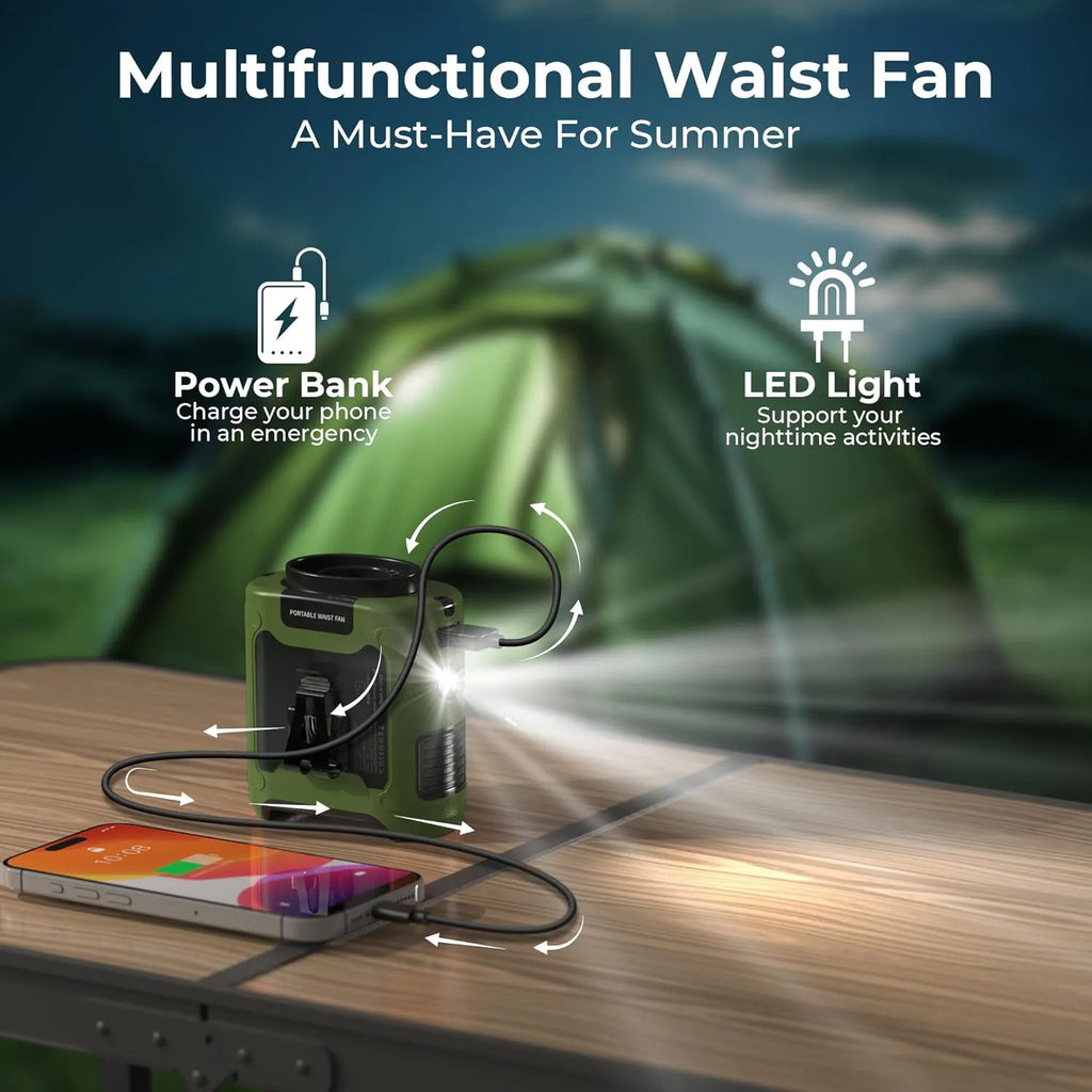 🔥 Stay Cool Anywhere – 5-in-1 Wearable Turbo Fan with Power Bank & LED