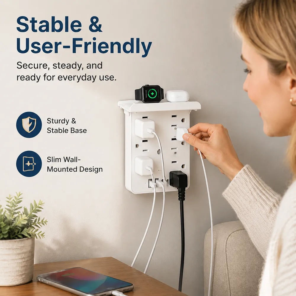 ⚡Multi-Functional Wall Outlet Extender with Shelf – 6 AC Outlets & 4 USB Charging Ports