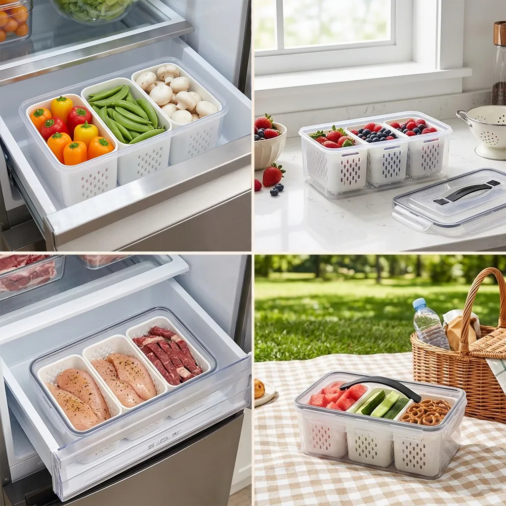 🥗 3-Compartment Refrigerator Crisper Container with Lid & Drain Basket