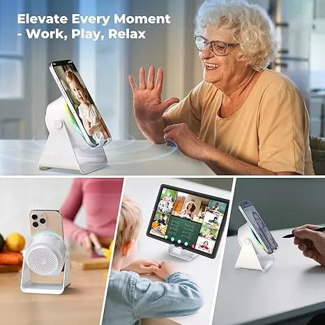 🔊 2-in-1 Wireless Induction Speaker & Adjustable Phone Stand with RGB Ambient Light
