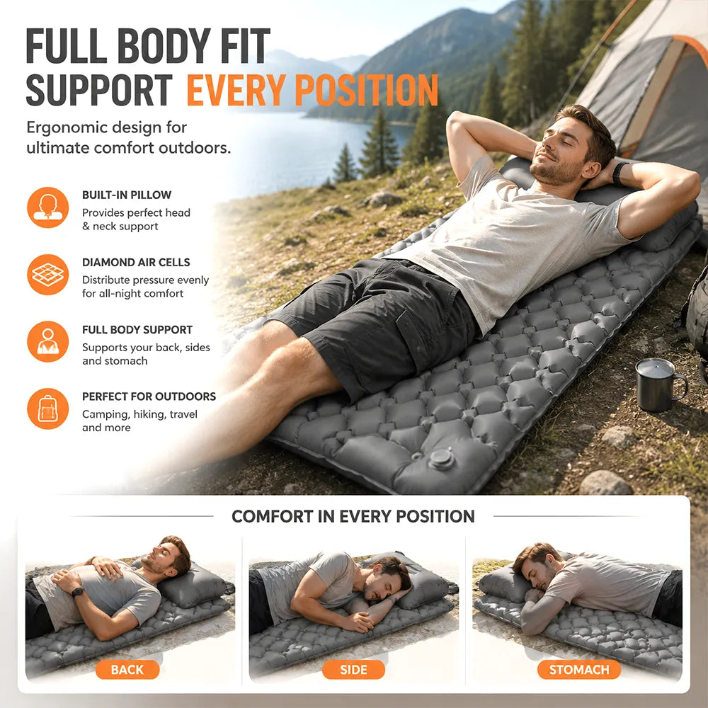 🏕️ Ultralight Self-Inflating Camping Sleeping Pad – Built-in Pump & Pillow