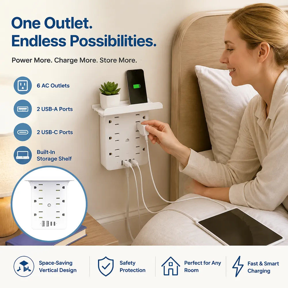 ⚡Multi-Functional Wall Outlet Extender with Shelf – 6 AC Outlets & 4 USB Charging Ports