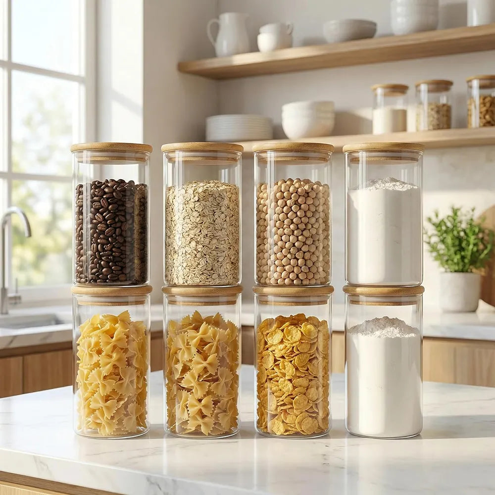 Glass Storage Jars with Airtight Bamboo Lids – Pantry & Kitchen Organizer Set🌾