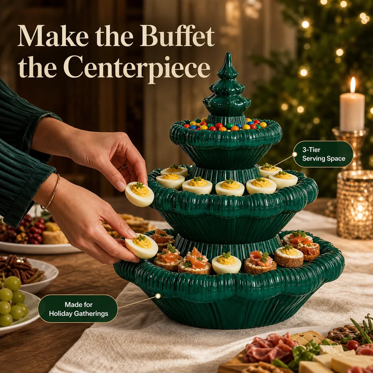 Host filling the three-tier Christmas tree serving platter