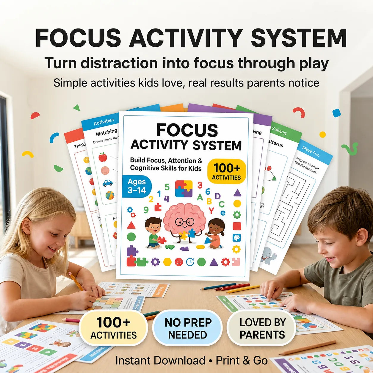 A digital print-at-home focus activity system with colorful loose worksheets