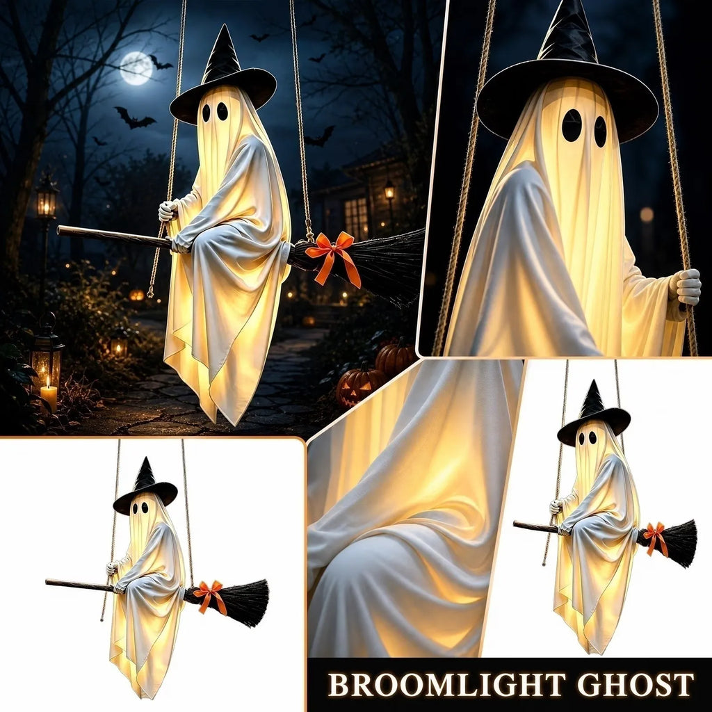 Light-Up Flying Broom Ghost Halloween Decoration