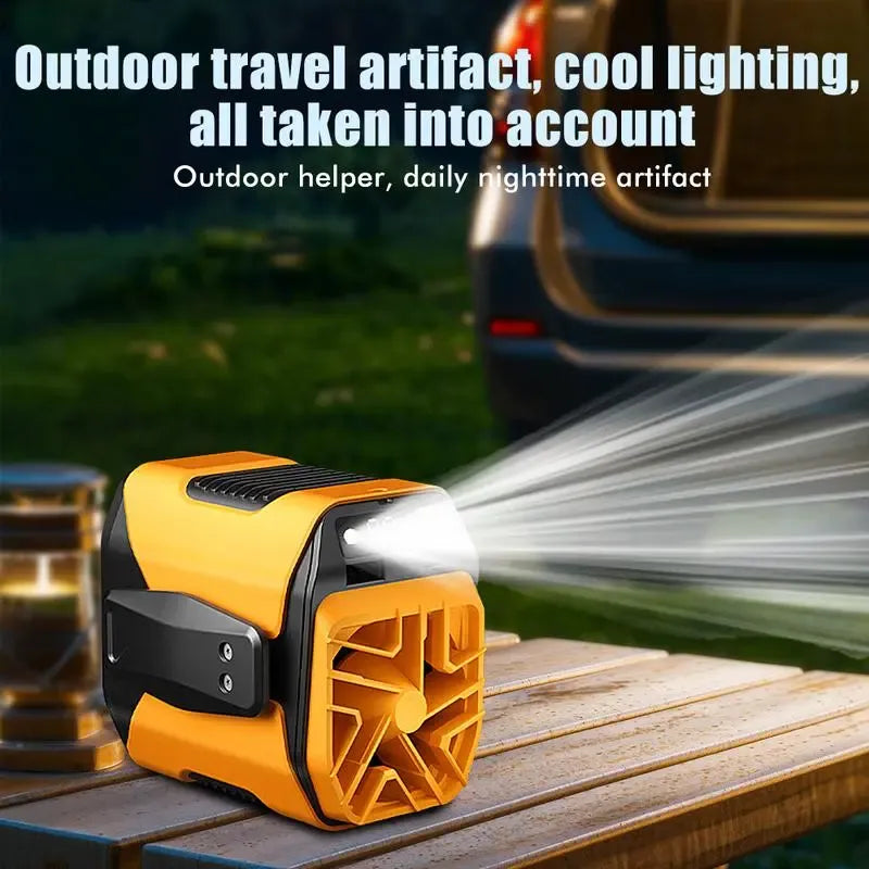 4-in-1 Wearable Waist Fan with Power Bank & LED Light – Hands-Free Cooling for Outdoor Work, Camping & Travel