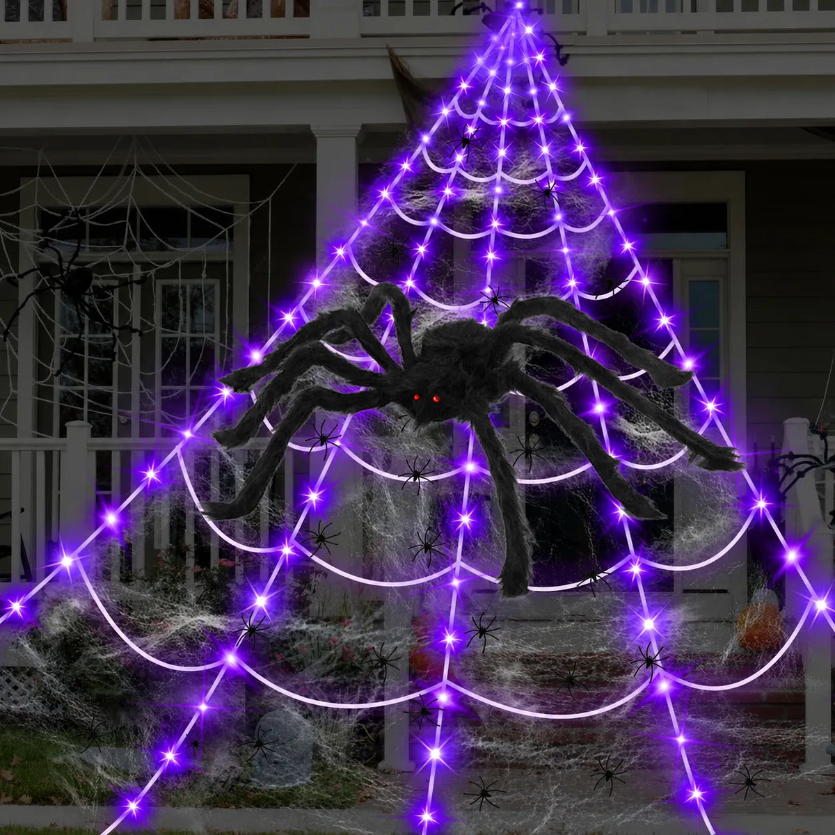 Purple glowing spider web decoration spread across a front porch