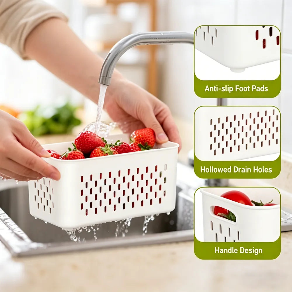 🥗 3-Compartment Refrigerator Crisper Container with Lid & Drain Basket