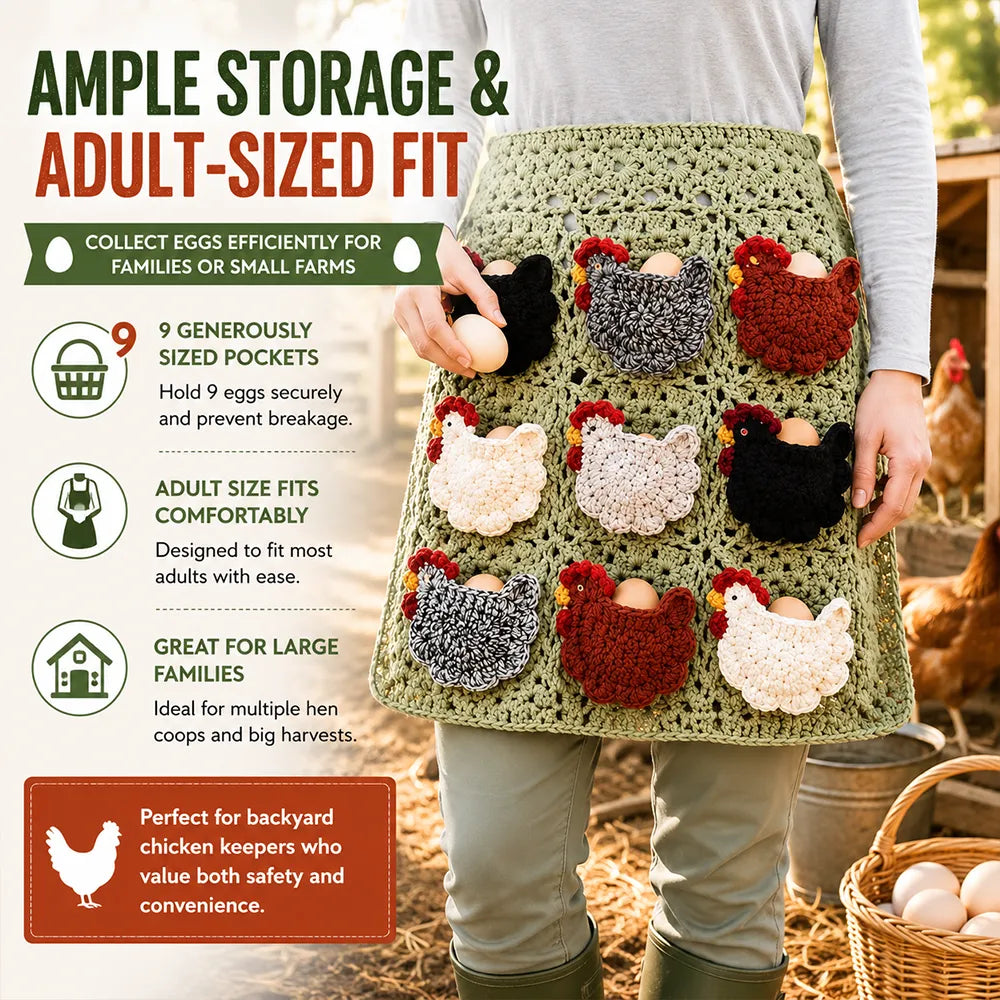 🐔 Crocheted Egg-Collecting Apron with Chicken Coop Pocket – Handmade Farm-Fresh Egg Helper