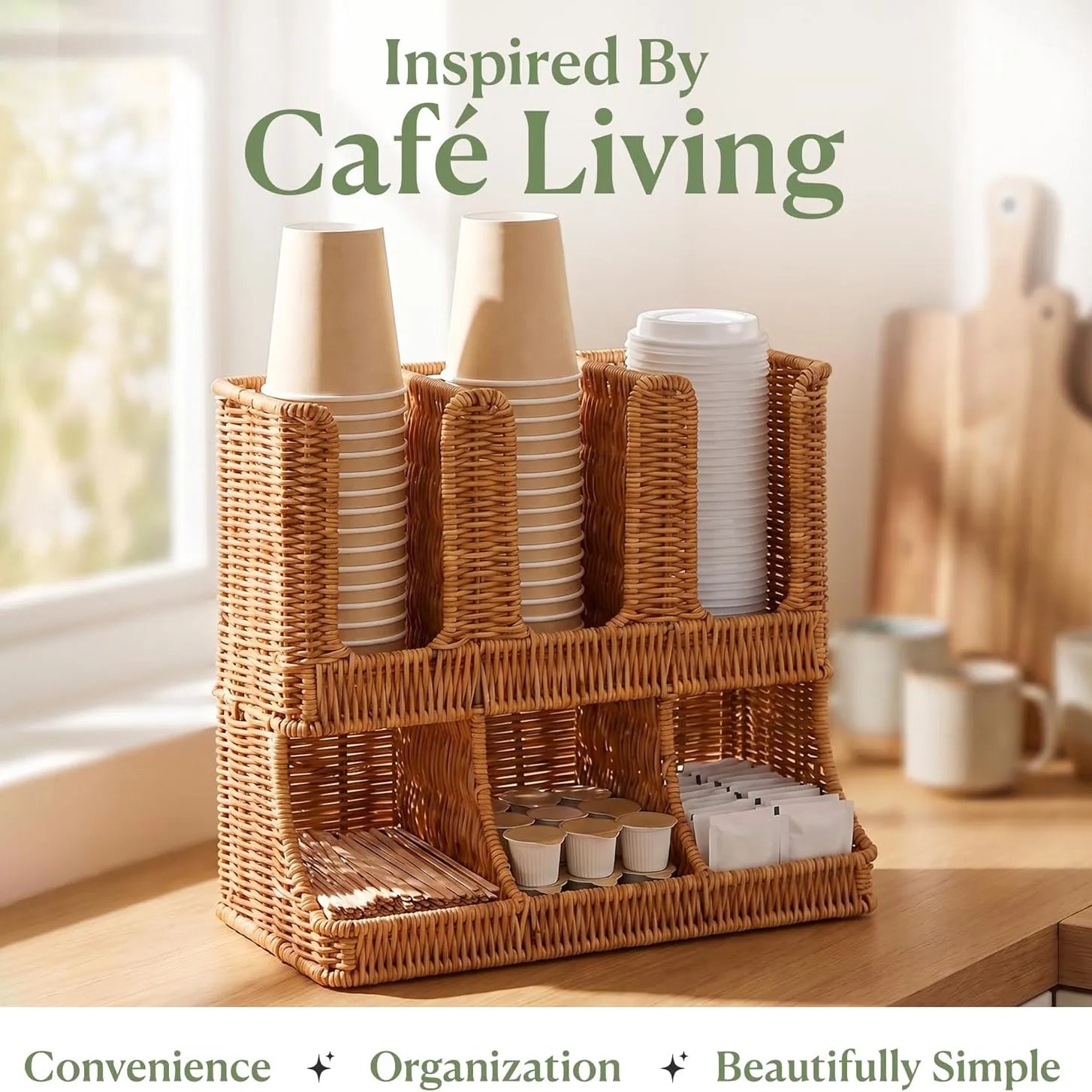 Handwoven Rattan Coffee Cup & Condiment Organizer