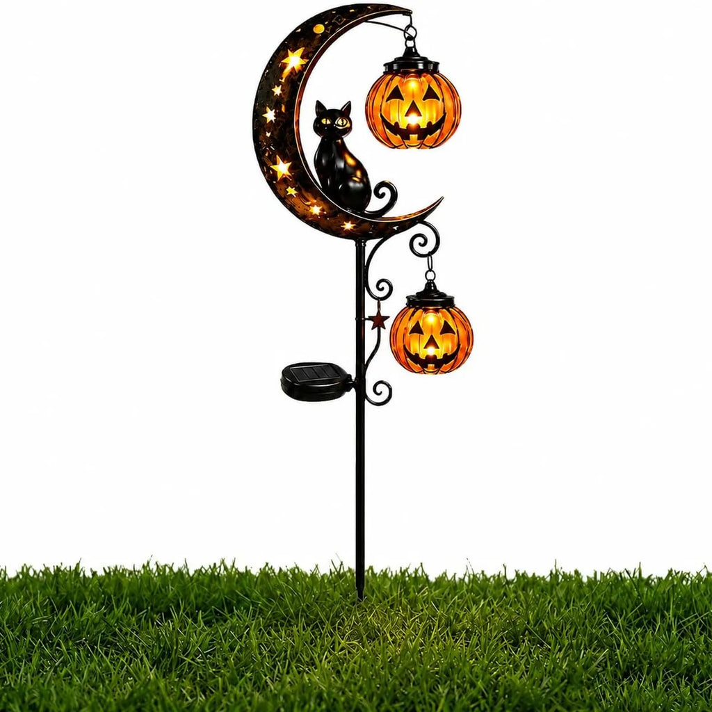 Solar Pumpkin Moon Garden Stake Light with Black Cat
