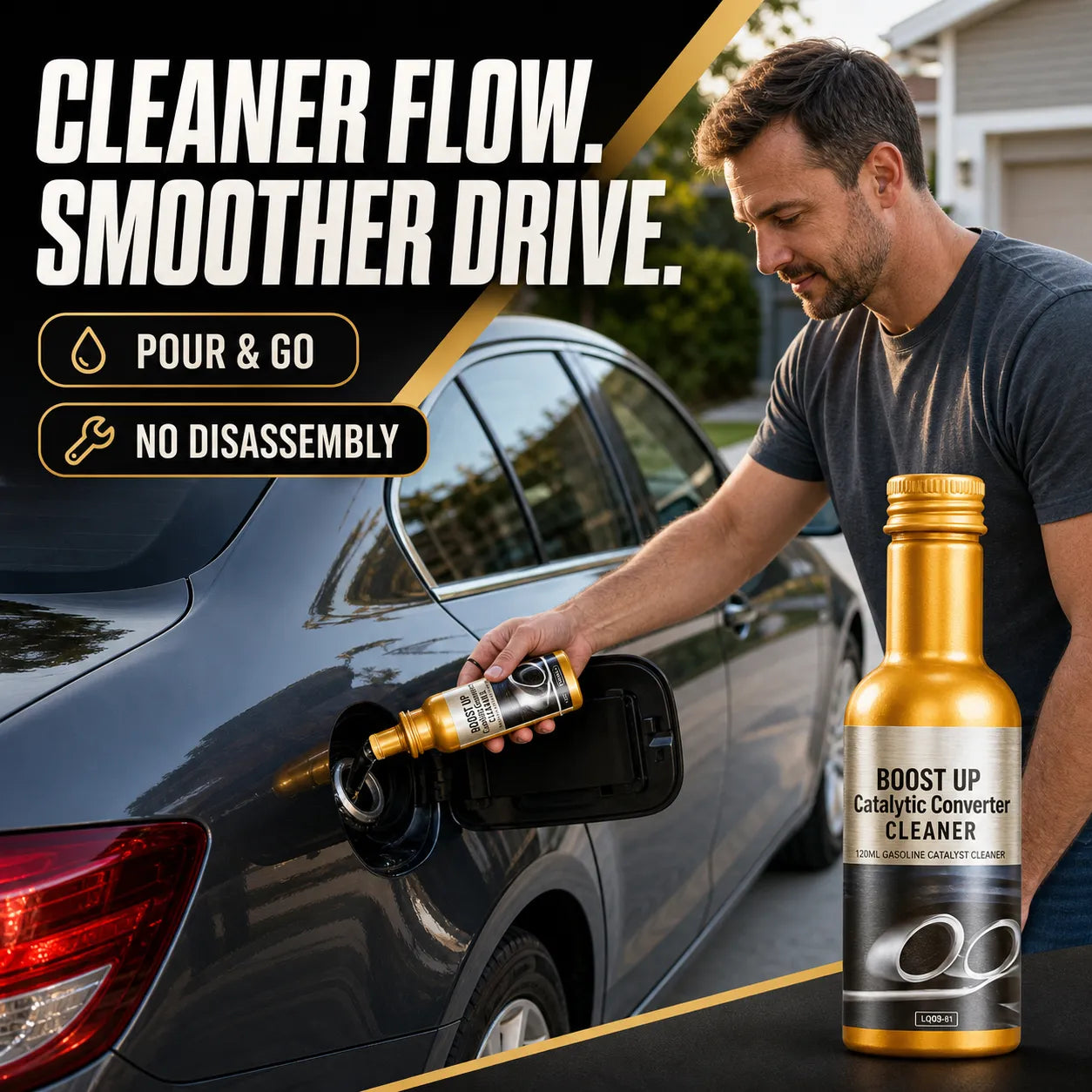 Driver pouring Instant Car Exhaust Handy Cleaner into a vehicle fuel tank