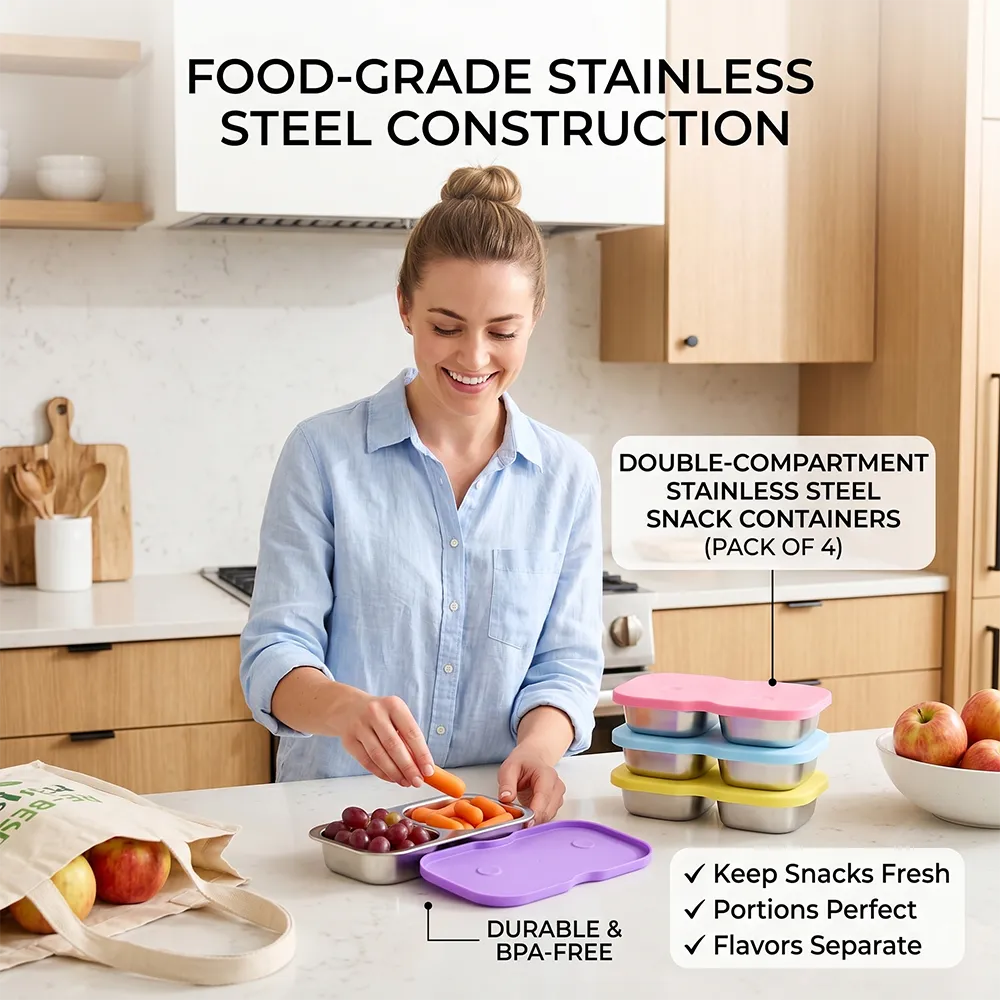 🥗 Double-Compartment Stainless Steel Snack Containers (Pack of 4)