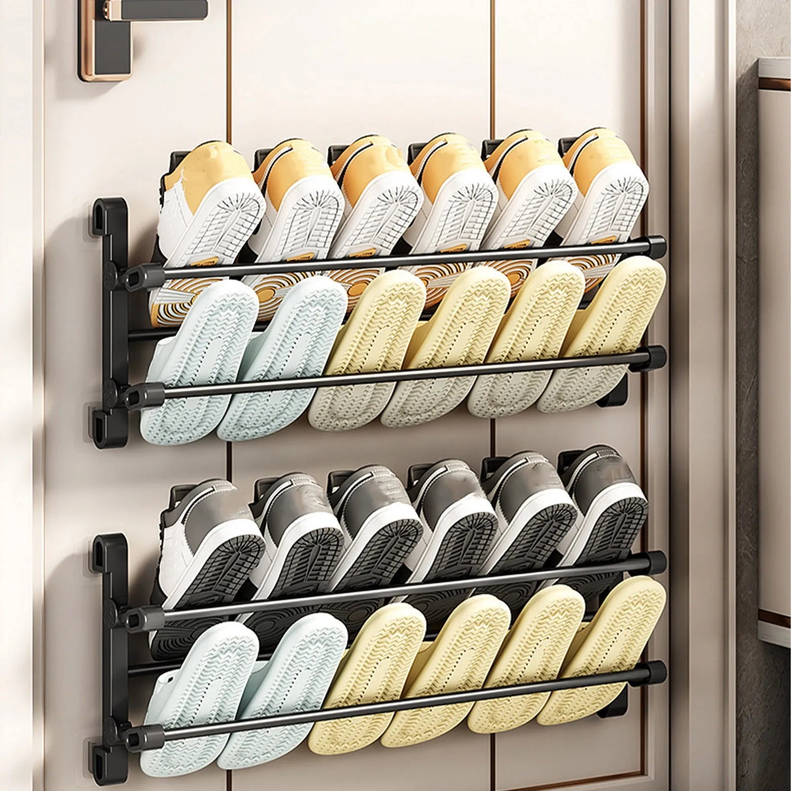 Two wall-mounted shoe racks stacked vertically in an entryway