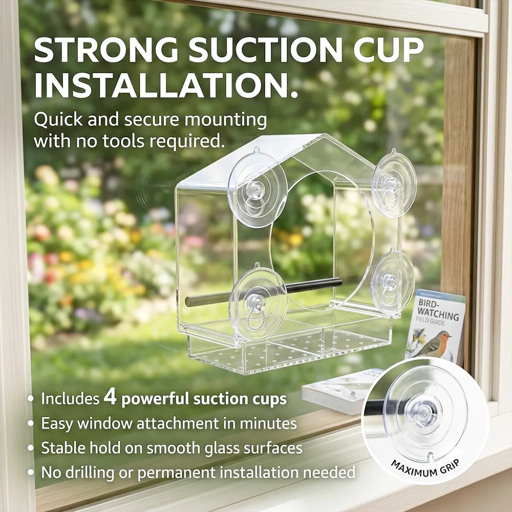 🐦 Acrylic Window Bird Feeder – Clear Bird House with Strong Suction Cups & Removable Seed Tray