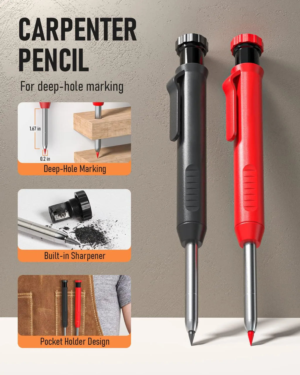 Heavy-Duty Carpenter Pencil with 21 Refill Leads & Built-In Sharpener – Ideal for Precision Marking in Woodworking, Metal, Concrete, and More