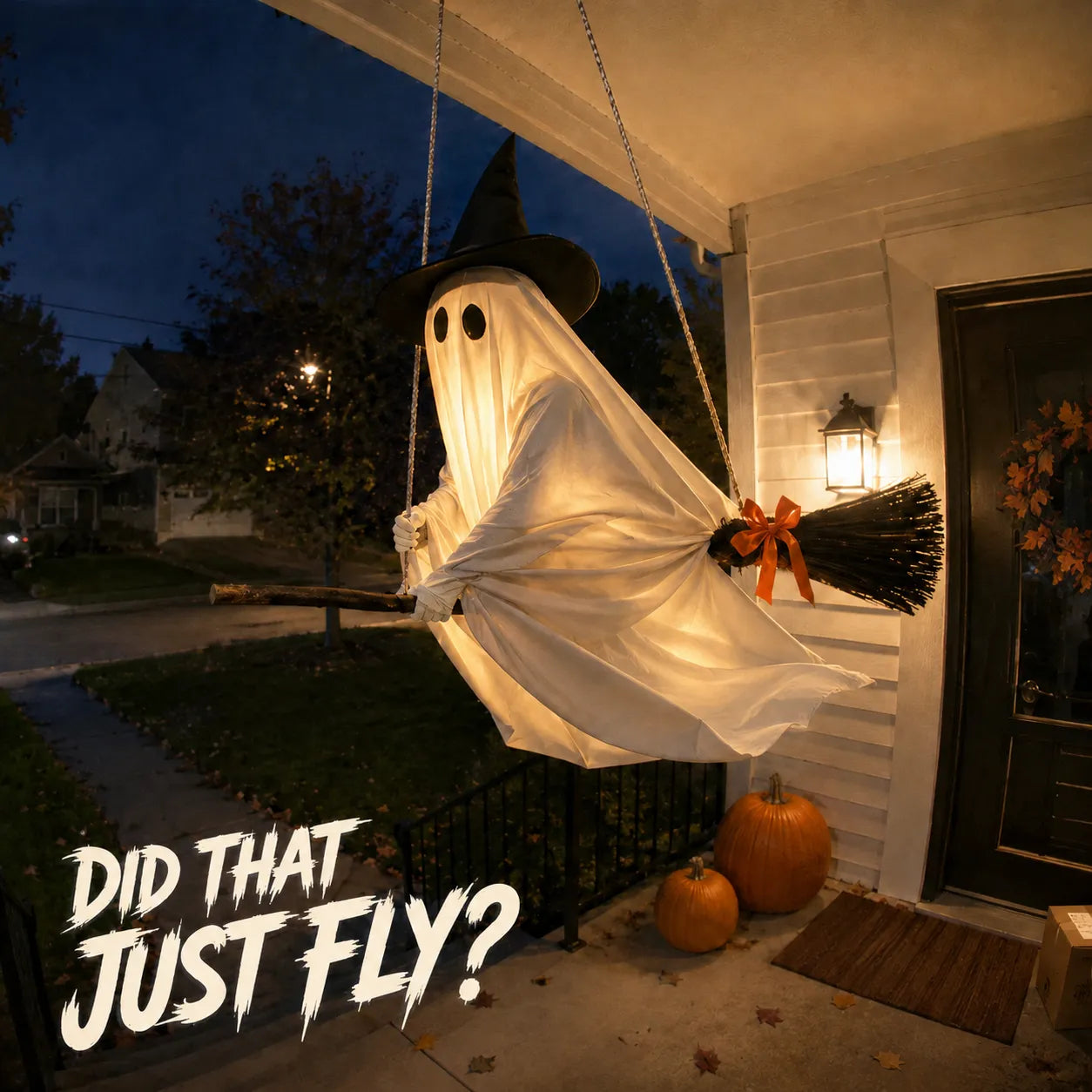 Light-Up Flying Broom Ghost Halloween Decoration