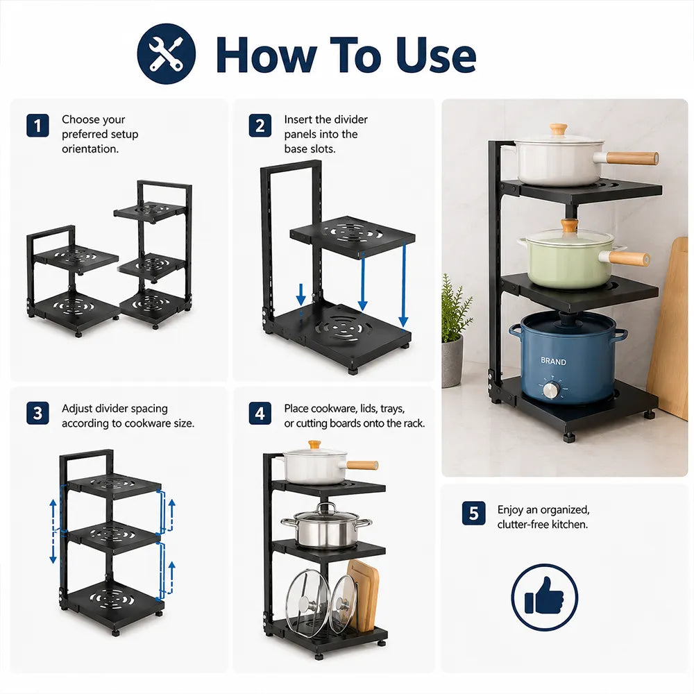 😃3-Tier & 5-Tier Carbon Steel Storage Rack for Pots, Pans, Lids & Cookware