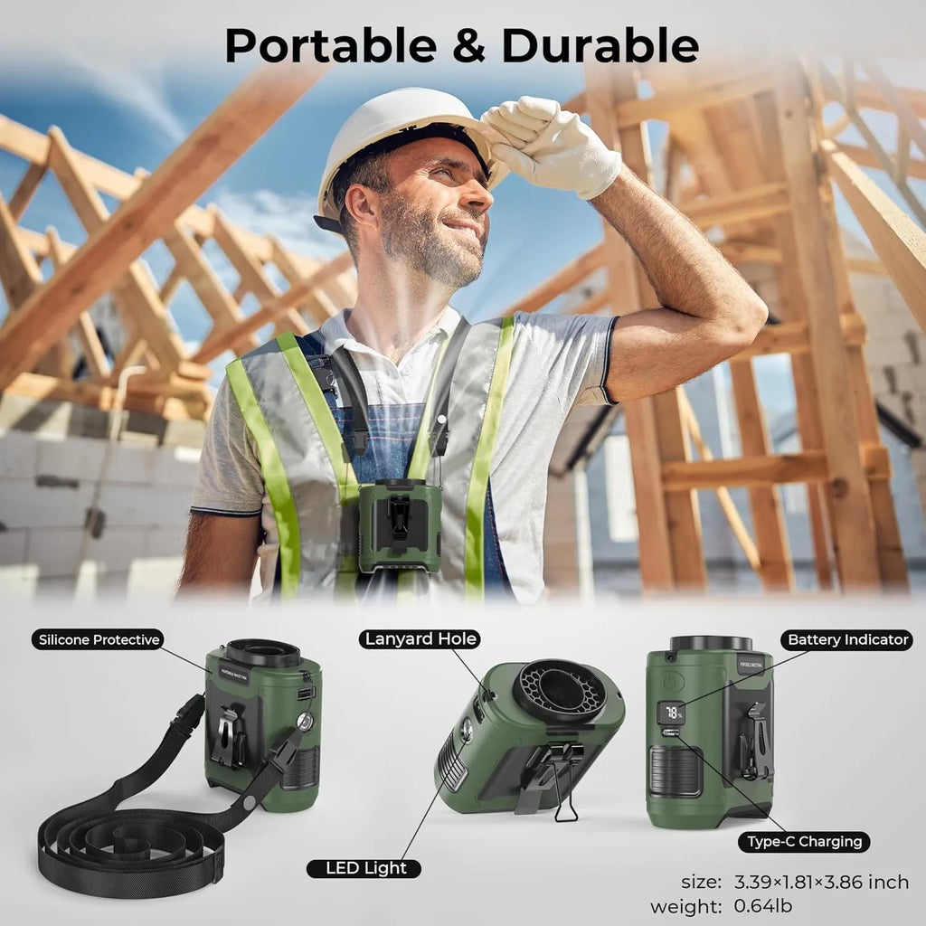 🔥 Stay Cool Anywhere – 5-in-1 Wearable Turbo Fan with Power Bank & LED