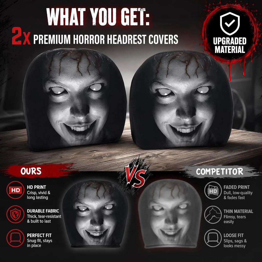 Scary Face Car Headrest Covers — 3 Slip-On Horror Designs
