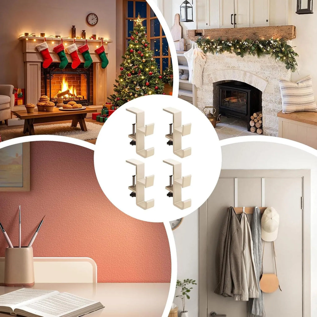 🎄Adjustable Christmas Fireplace Mantel Hooks – Heavy-Duty Stocking & Wreath Hanger Clamps for Holiday Decorations