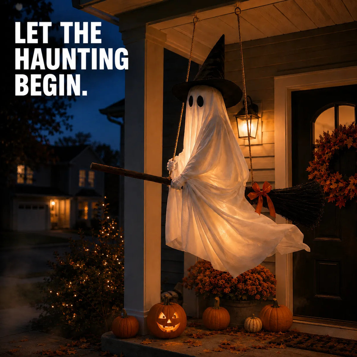 Light-Up Flying Broom Ghost Halloween Decoration