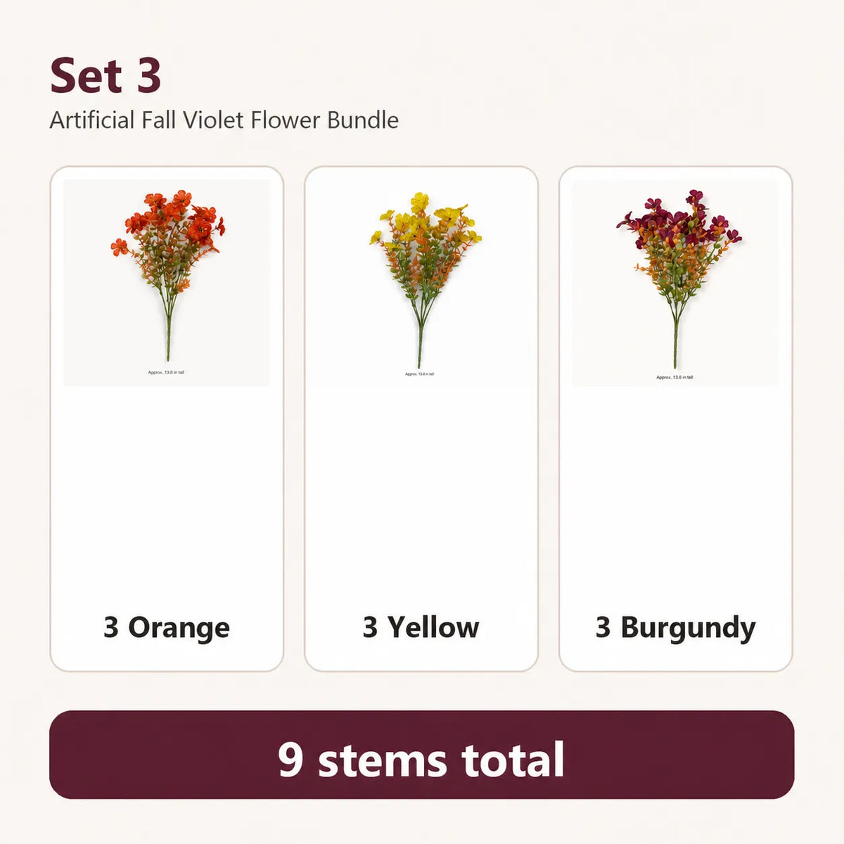 Recommended nine-stem tricolor artificial flower bundle with three orange, three yellow, and three burgundy stems