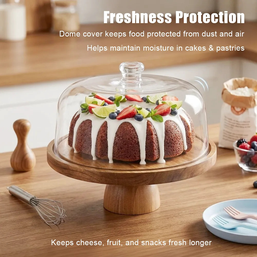 🍰 Acacia Wood Cake Stand with Dome Lid