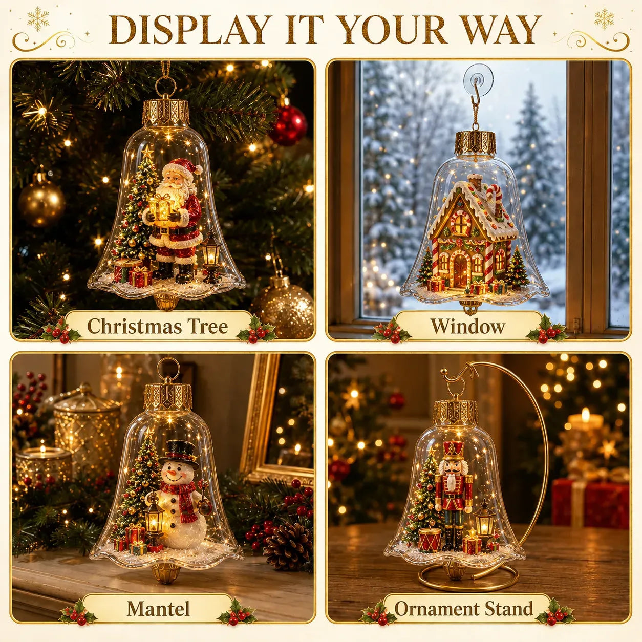 Christmas story bell displayed on a tree, window, mantel, and ornament stand