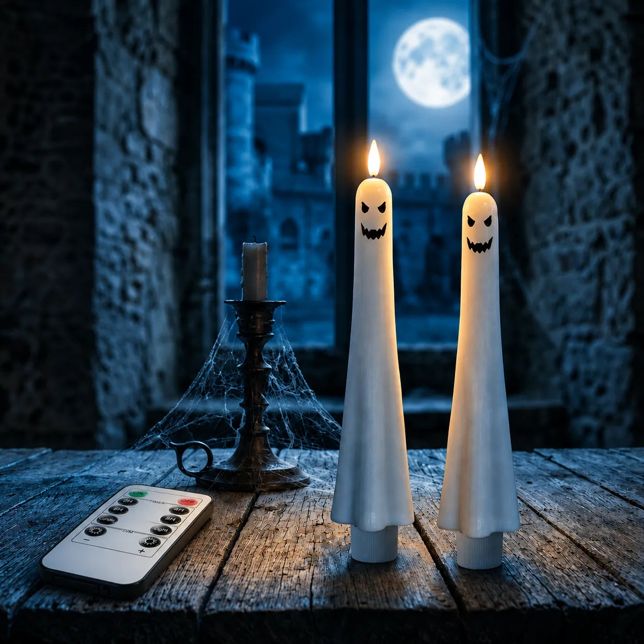 Devil face ghost taper candle pair in a moonlit Halloween scene