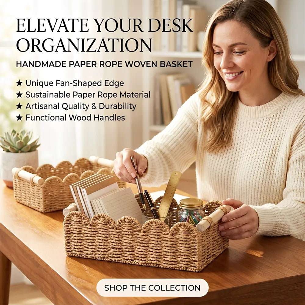 🌿Scalloped Wicker Storage Basket Set – Decorative Toilet Paper & Shelf Organizer