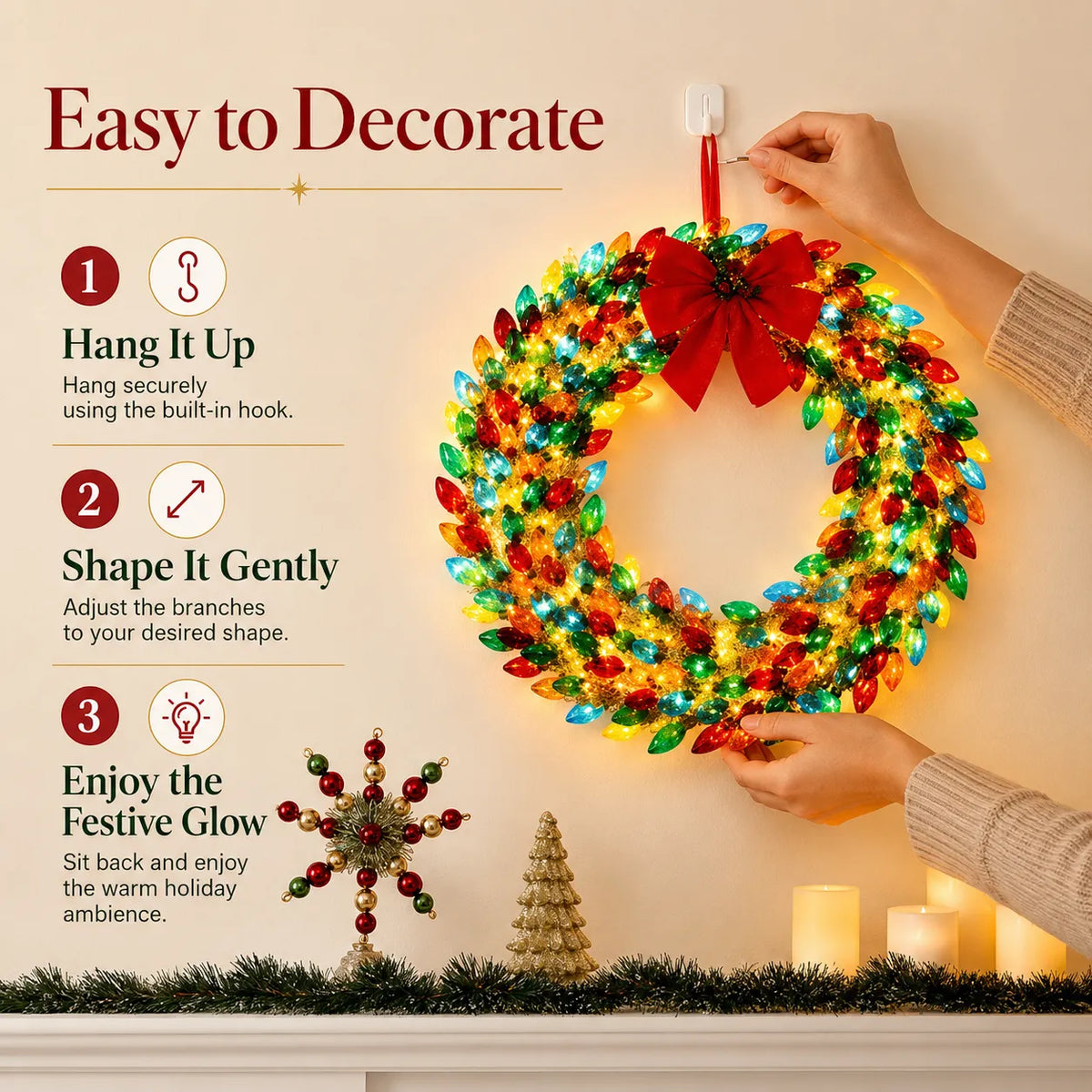 Multicolor Lighted Christmas Bulb Wreath