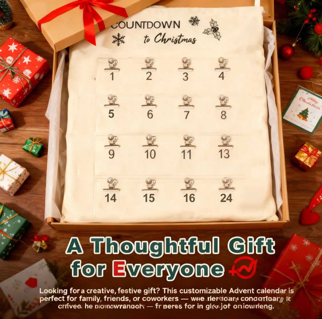🎄 Christmas Advent Calendar with Clips – 24 Pockets Portable Hanging Bag