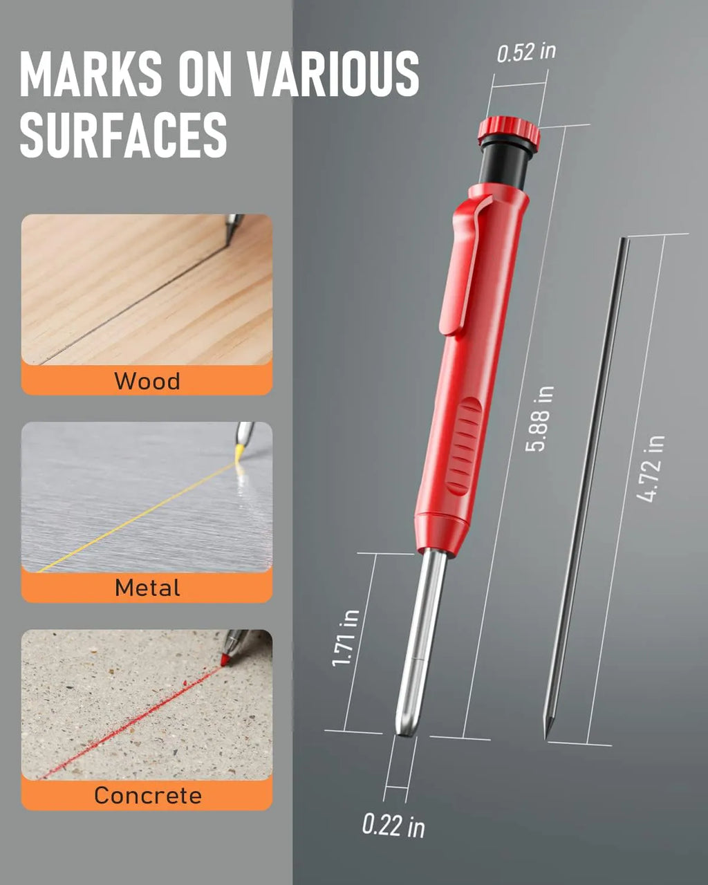 Heavy-Duty Carpenter Pencil with 21 Refill Leads & Built-In Sharpener – Ideal for Precision Marking in Woodworking, Metal, Concrete, and More