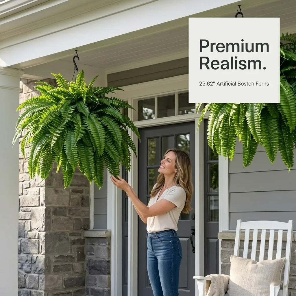🌿23.62-Inch Artificial Boston Ferns – Realistic Faux Hanging Greenery