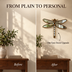 Before and after wall styling with an antique bronze dragonfly mirror