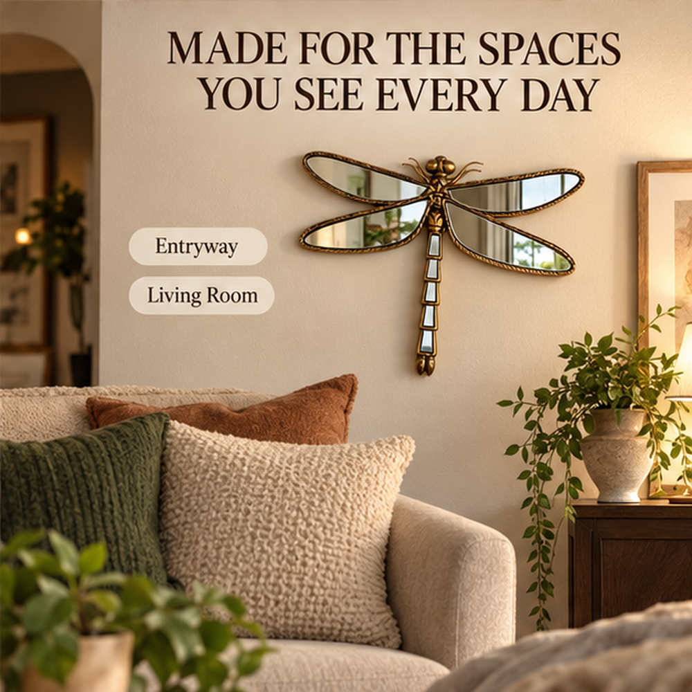 Dragonfly wall mirror in a warm living room