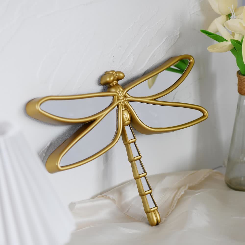 Angled close view of the dragonfly mirror on a wall