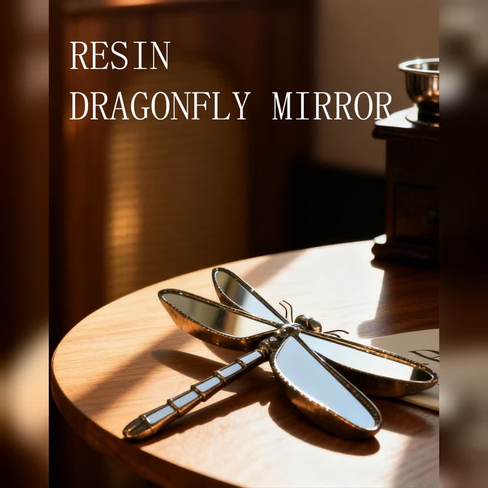 Dragonfly mirror on a sunlit wood table